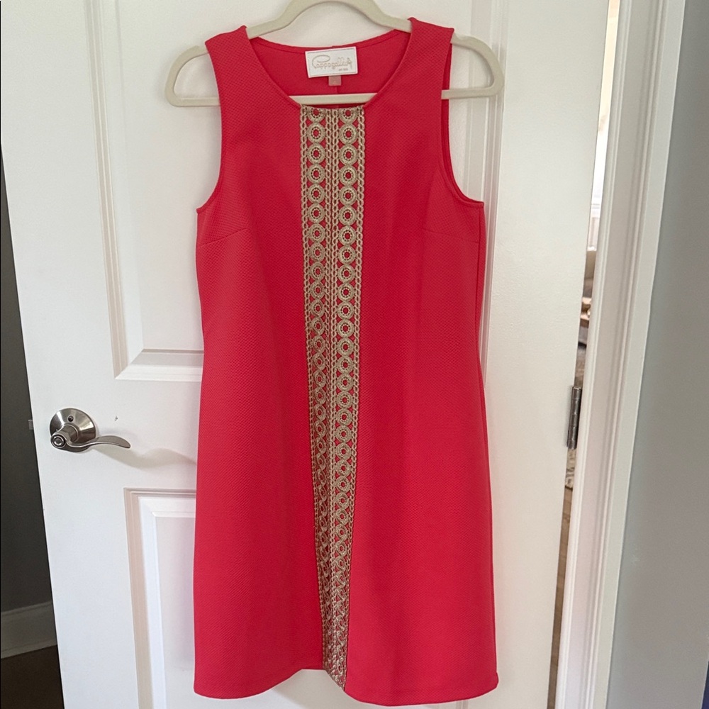 Papagallo Coral Dress with Gold Accents